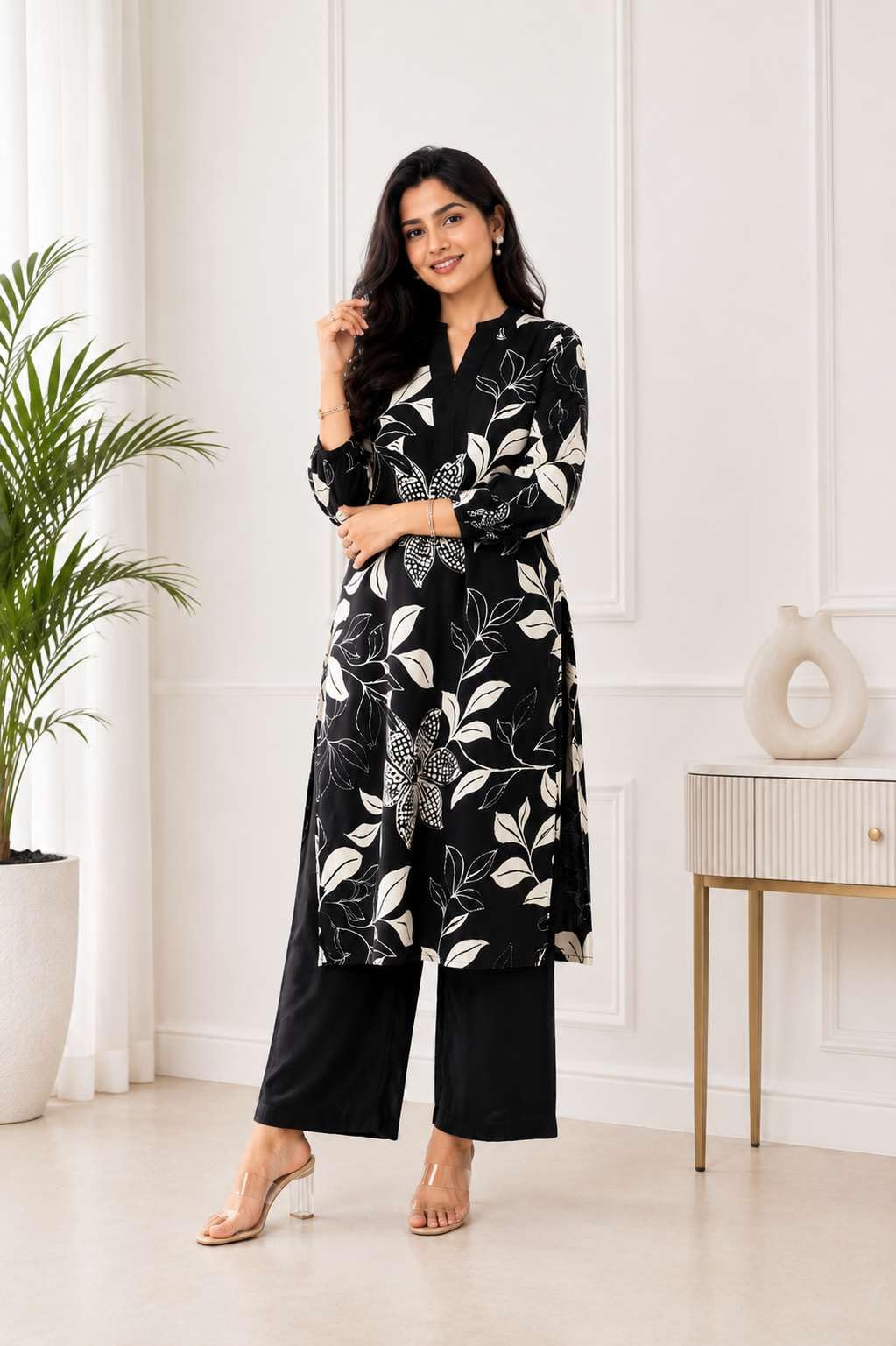 Women's Cotton Floral Printed Straight Kurti With Pant Set