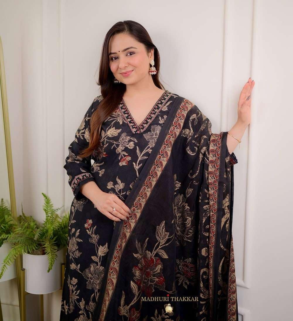 Women's Cotton Floral Printed Straight Kurti With Afghani Style Pant and  Dupatta Set (Black)