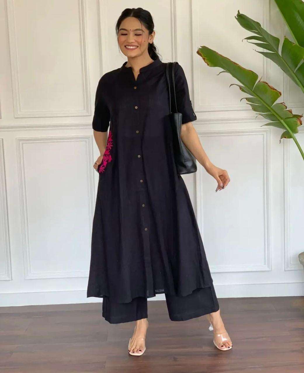 Women's Cotton Embroiderd Long A-Line  Kurti with Palazzo