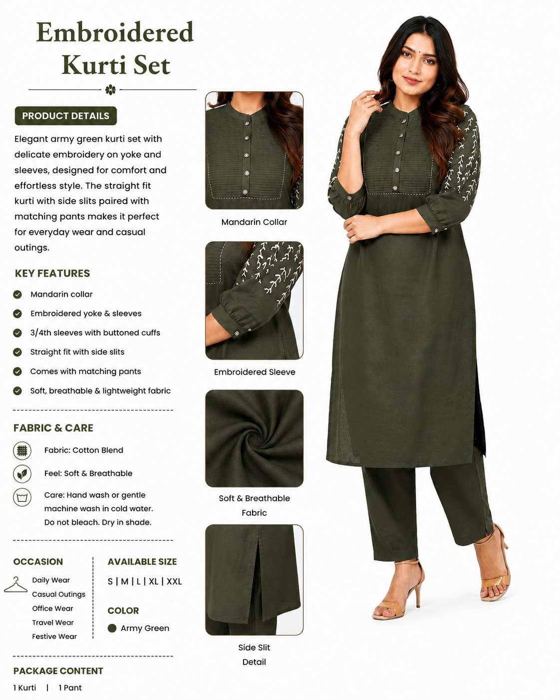 Women's Cotton Delicate Embroidery Straight Fit Kurti With Pant