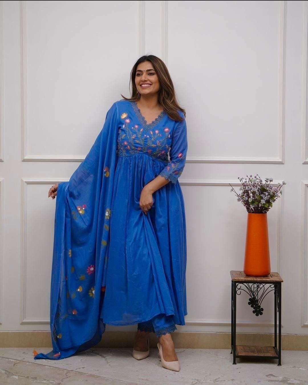 Women's Cotton Embroidered Long Anarkali Kurti with pant and Dupatta Set
