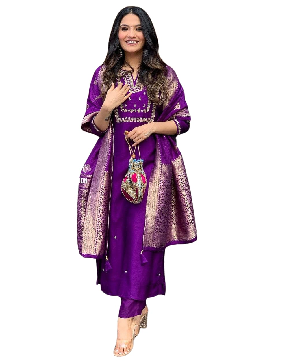 Women's Viscose Silk Heavy Embroidered Straight Kurta With Trouser & Banarasi Jacquard Dupatta Set