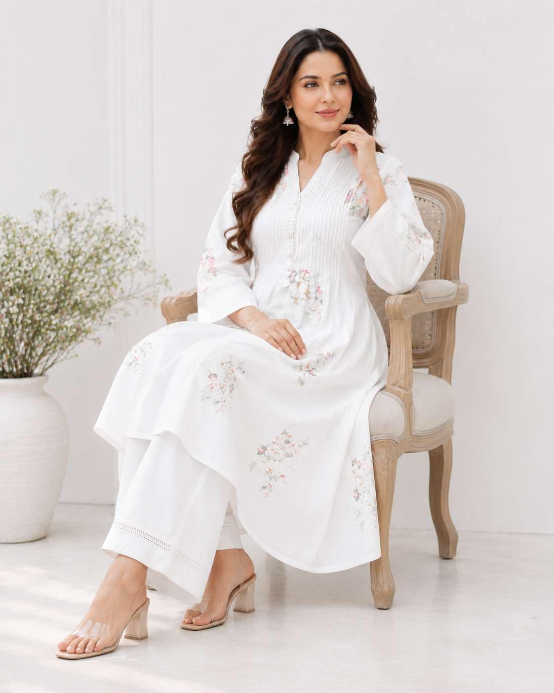 Women's Cotton Embroidery A-Line Kurti With Pant Set