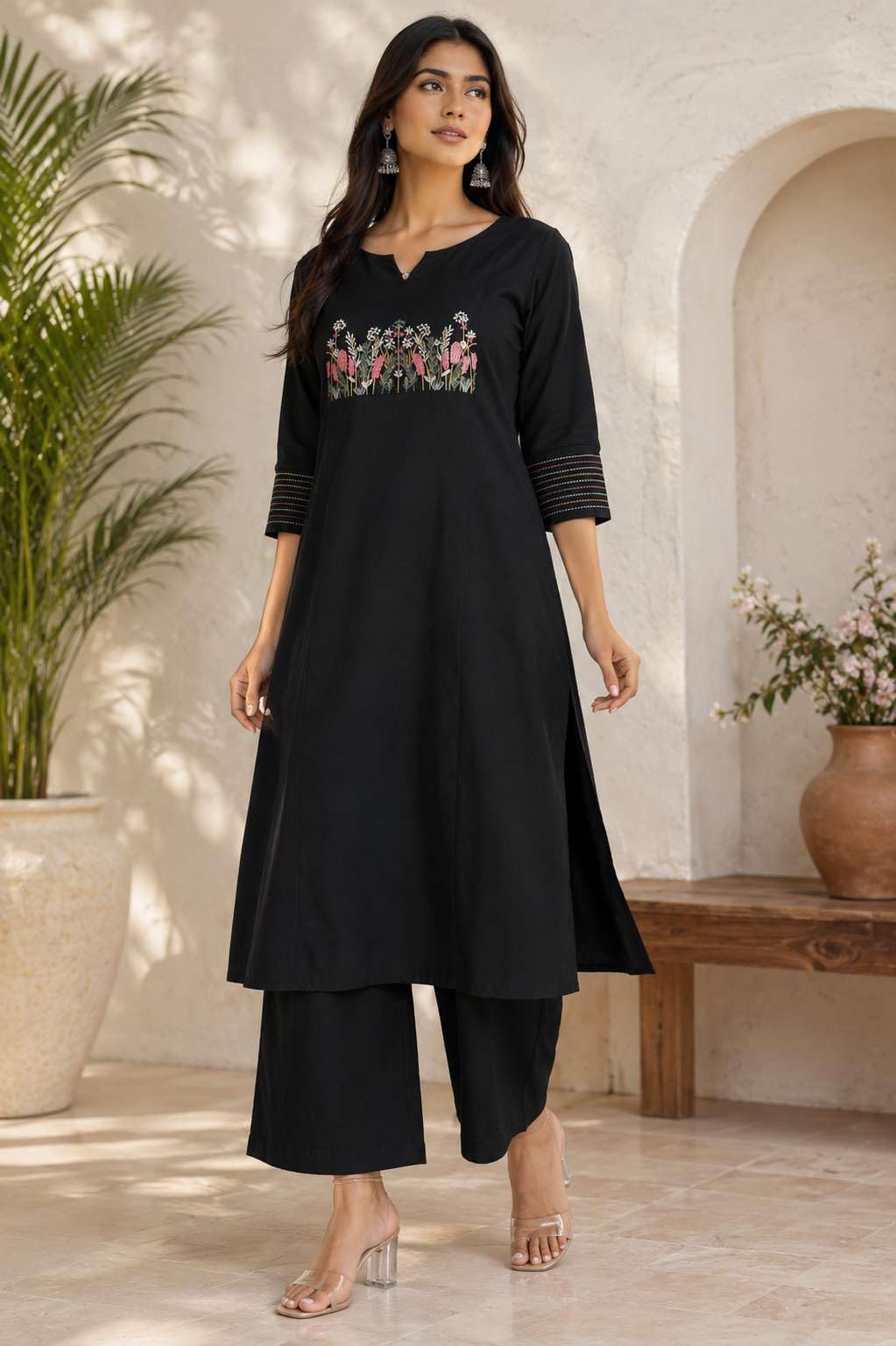 Women's Cotton Embroidered Straight Kurti With Pant Set