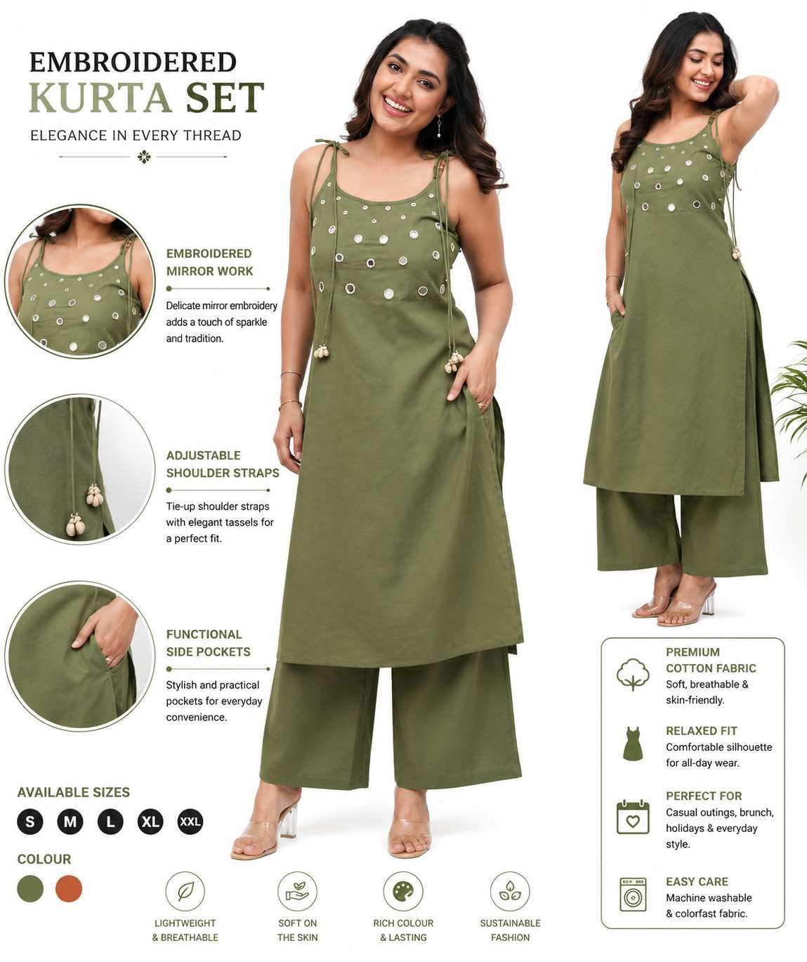 Women's Cotton Embroidery Sleeveless Kurti With Ankle length Pant Set