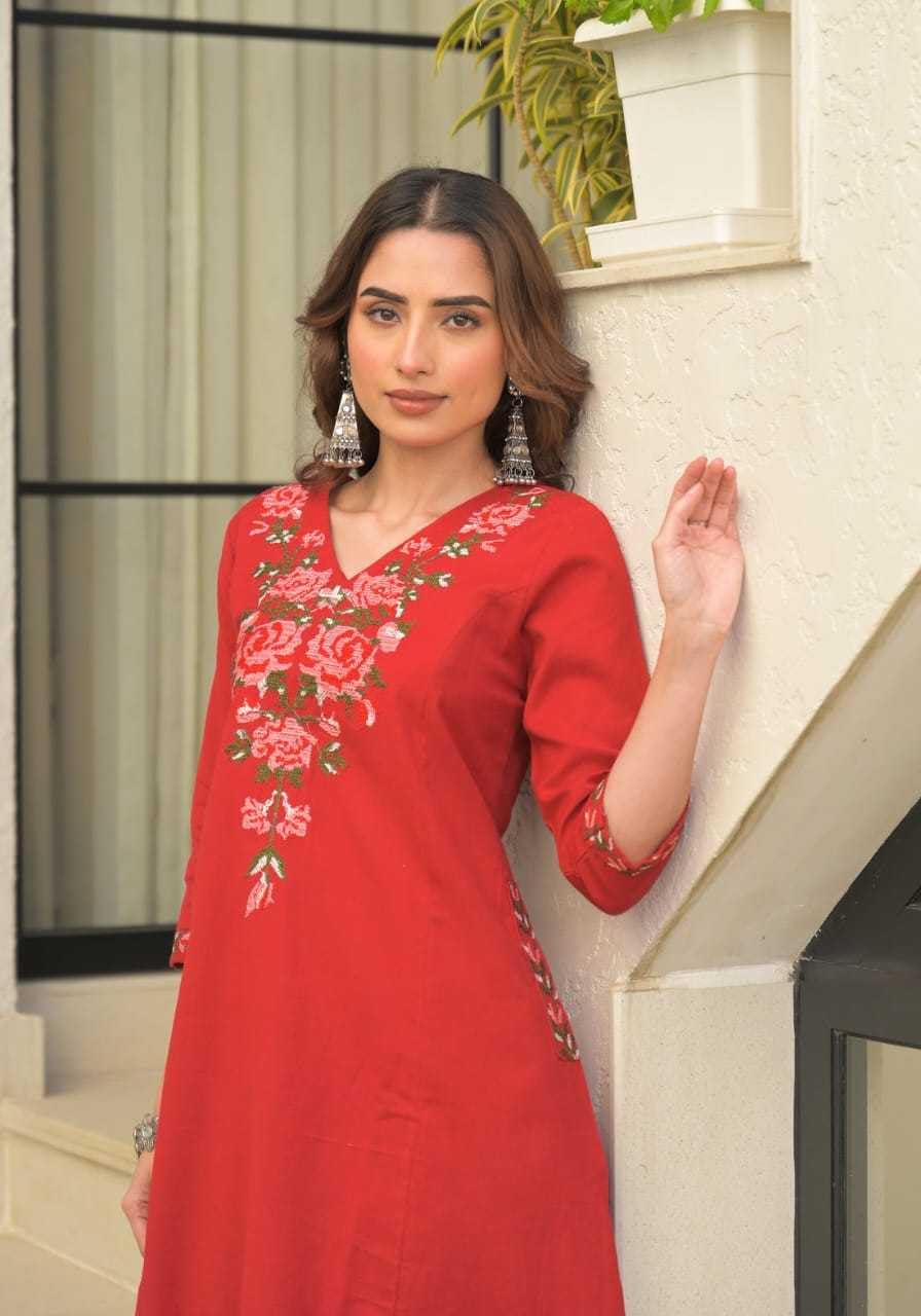 Women's Cotton Floral Embroidered  Straight Kurti With Pant