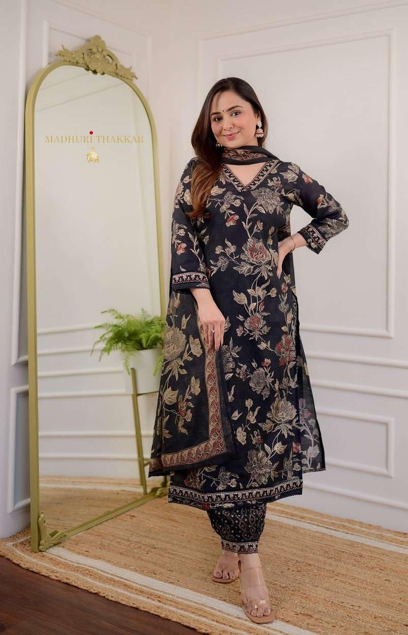 Women's Cotton Floral Printed Straight Kurti With Afghani Style Pant and  Dupatta Set (Black)