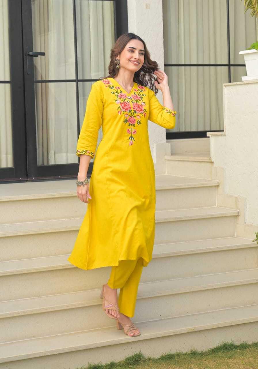 Women's Cotton Floral Embroidered  Straight Kurti With Pant