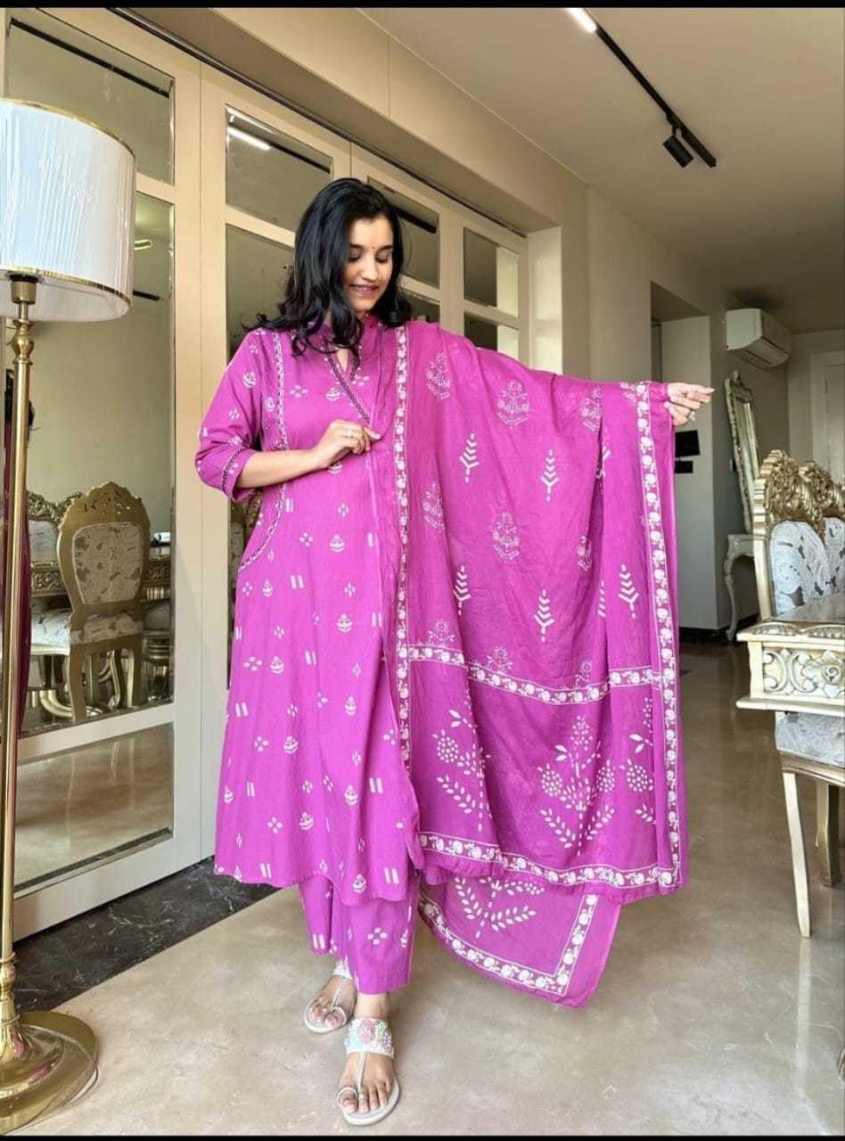 Women's Cotton Embroidered Anarkali Kurti with Pant and Dupatta Set