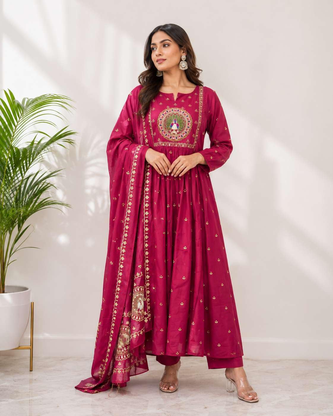Women's Cotton Embroidered Anarkali Kurti With Malmal Dupatta Set