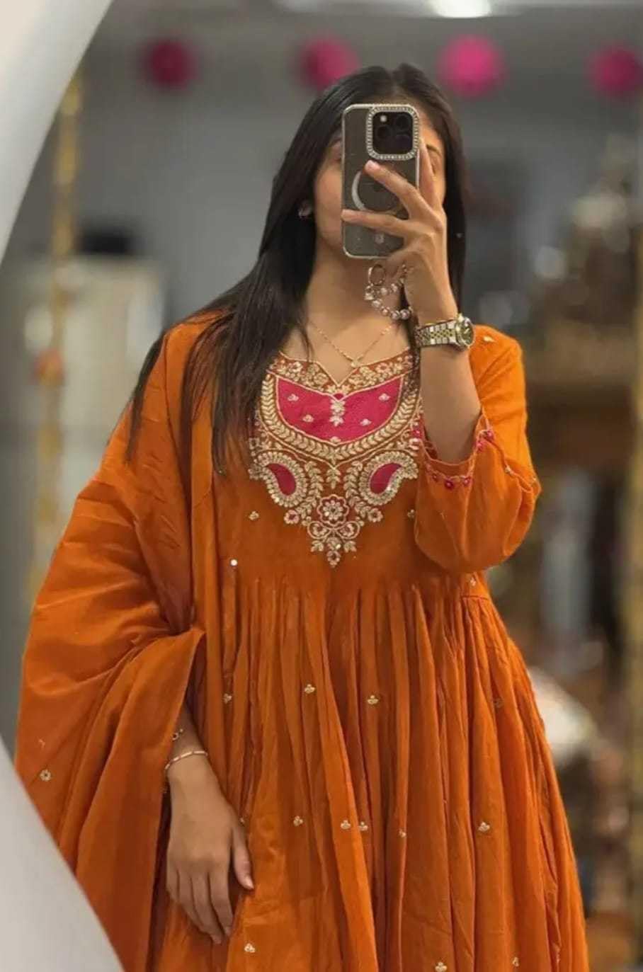 Women's Cotton Embroidered Anarkali Salwar Suit Set with Dupatta Set