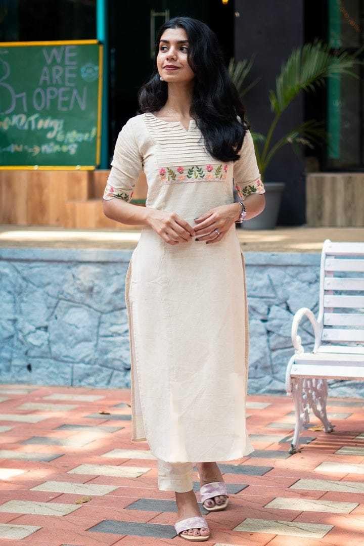 Women's Cotton Floral Printed Straight Kurti with Palazzo (White)