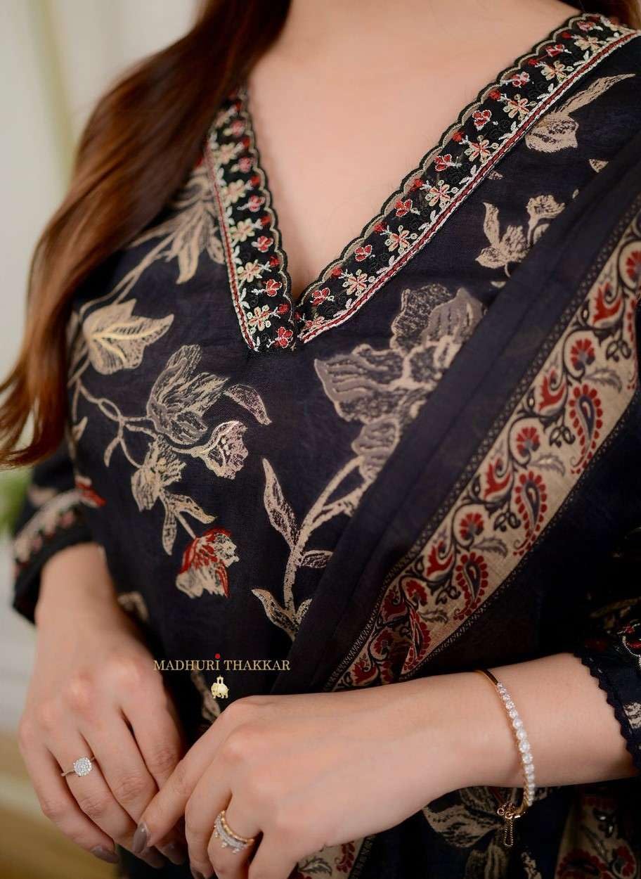 Women's Cotton Floral Printed Straight Kurti With Afghani Style Pant and  Dupatta Set (Black)