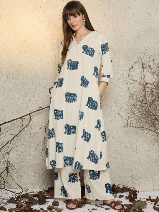 Women's Cotton Elephant printed flared kurti with V-neckline and side pockets paired with Matching PalAMzo Pant (Off White)