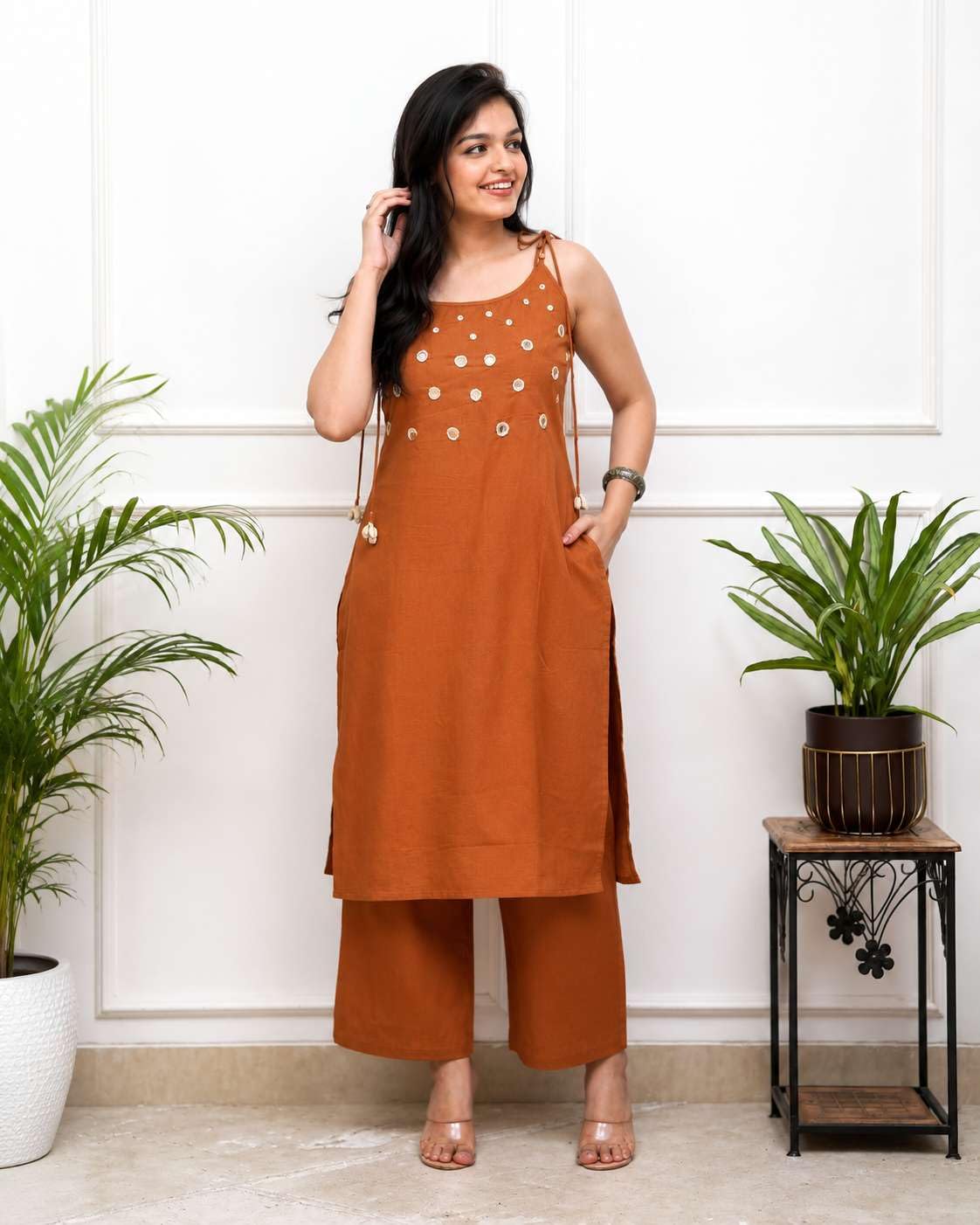 Women's Cotton Embroidery Sleeveless Kurti With Ankle length Pant Set