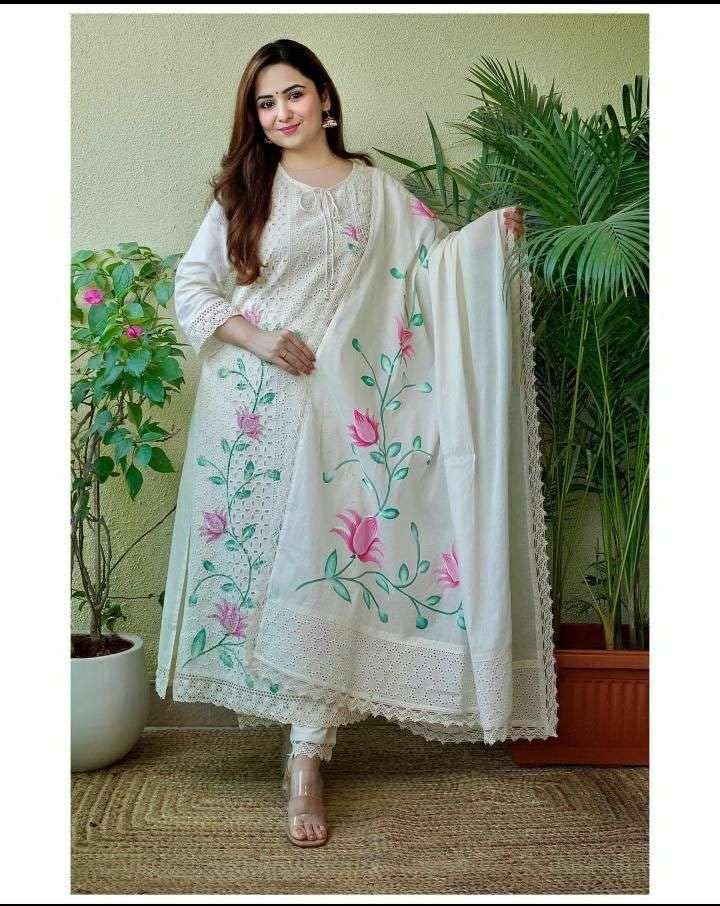 Women's Cotton Hand-Painted Chicken Shifli Straight Kurti With Pant and Mulmul Dupatta Set