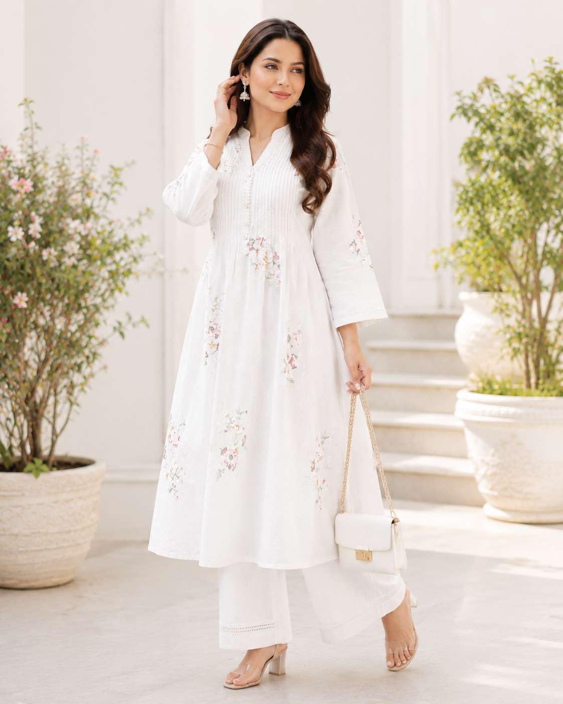 Women's Cotton Embroidery A-Line Kurti With Pant Set