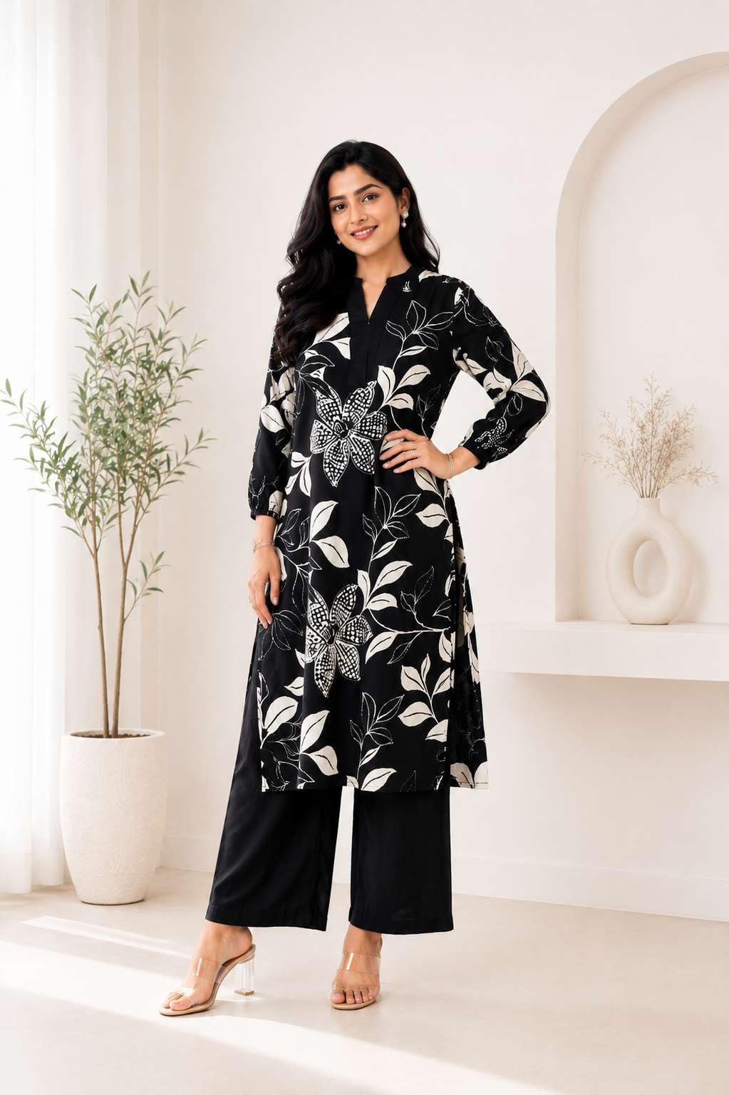 Women's Cotton Floral Printed Straight Kurti With Pant Set