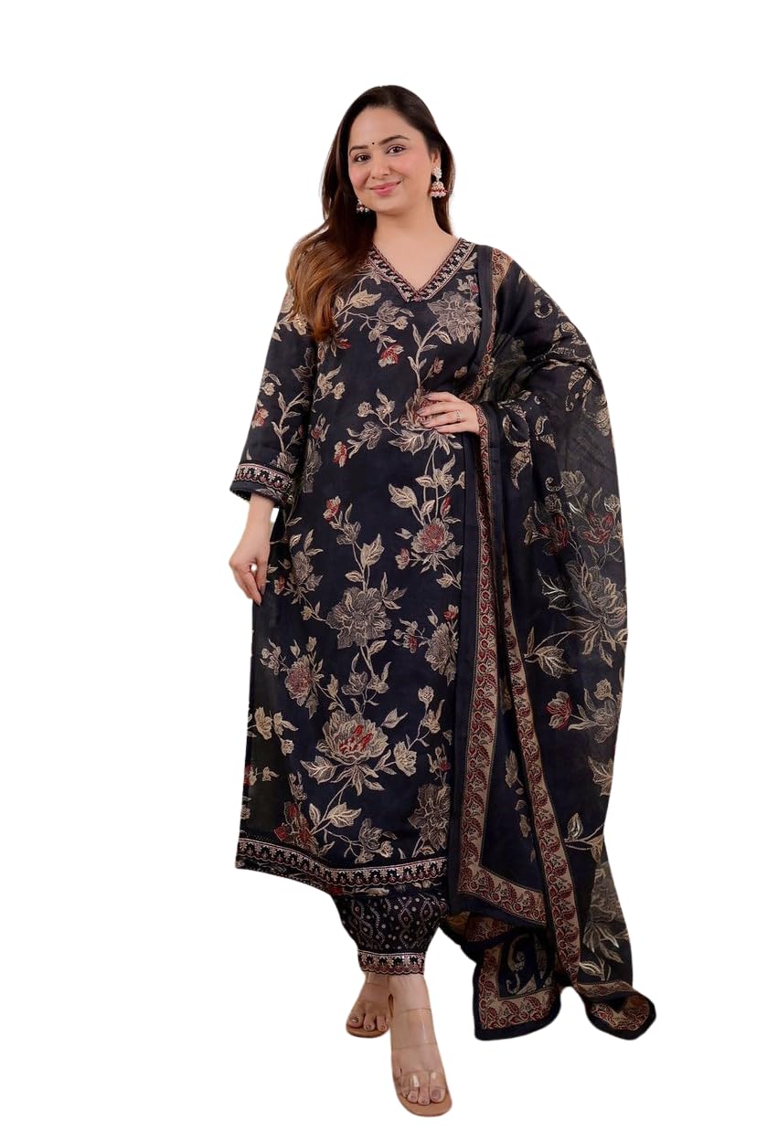 Women's Cotton Floral Printed Straight Kurti With Afghani Style Pant and  Dupatta Set (Black)