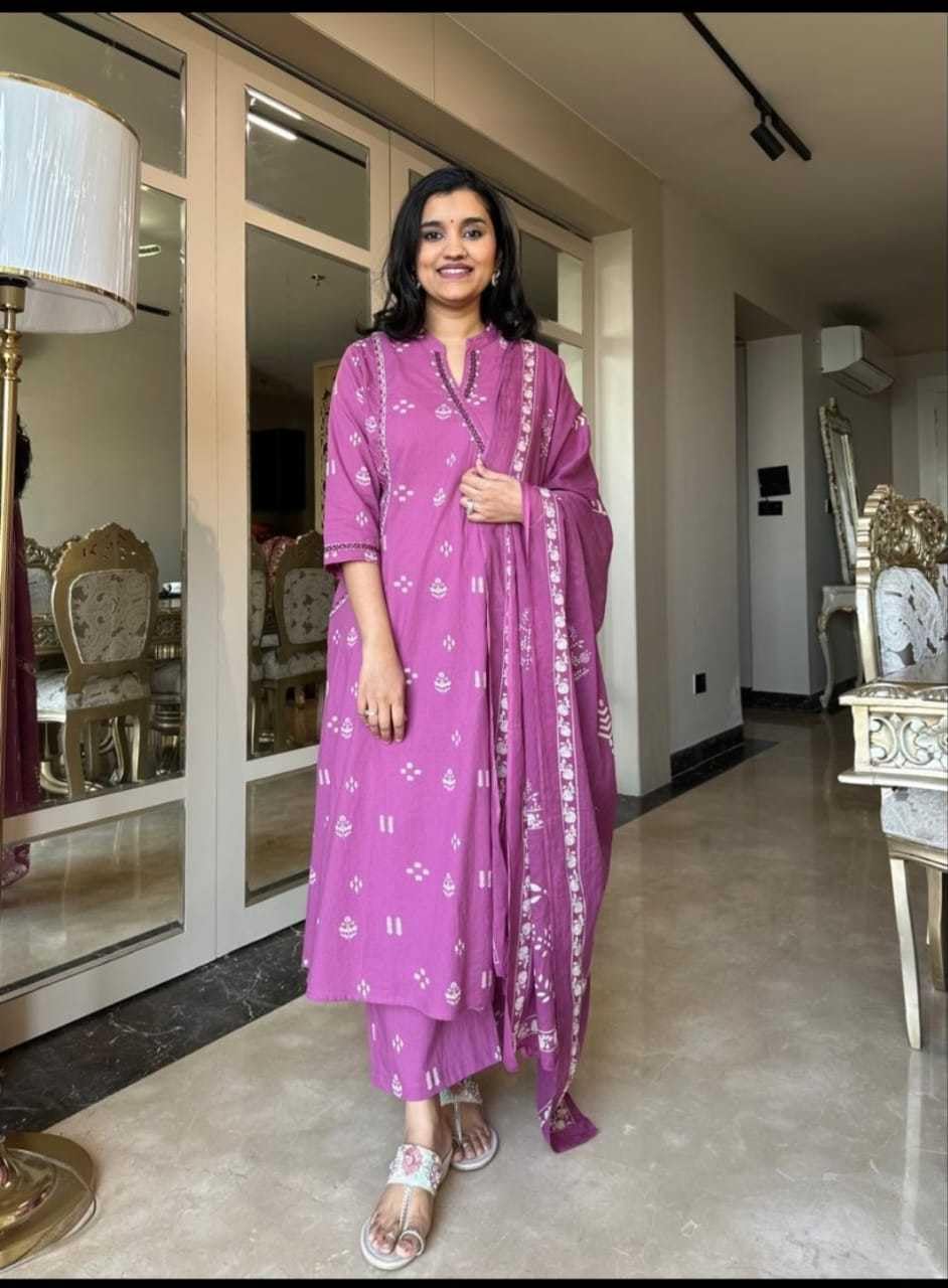 Women's Cotton Embroidered Anarkali Kurti with Pant and Dupatta Set