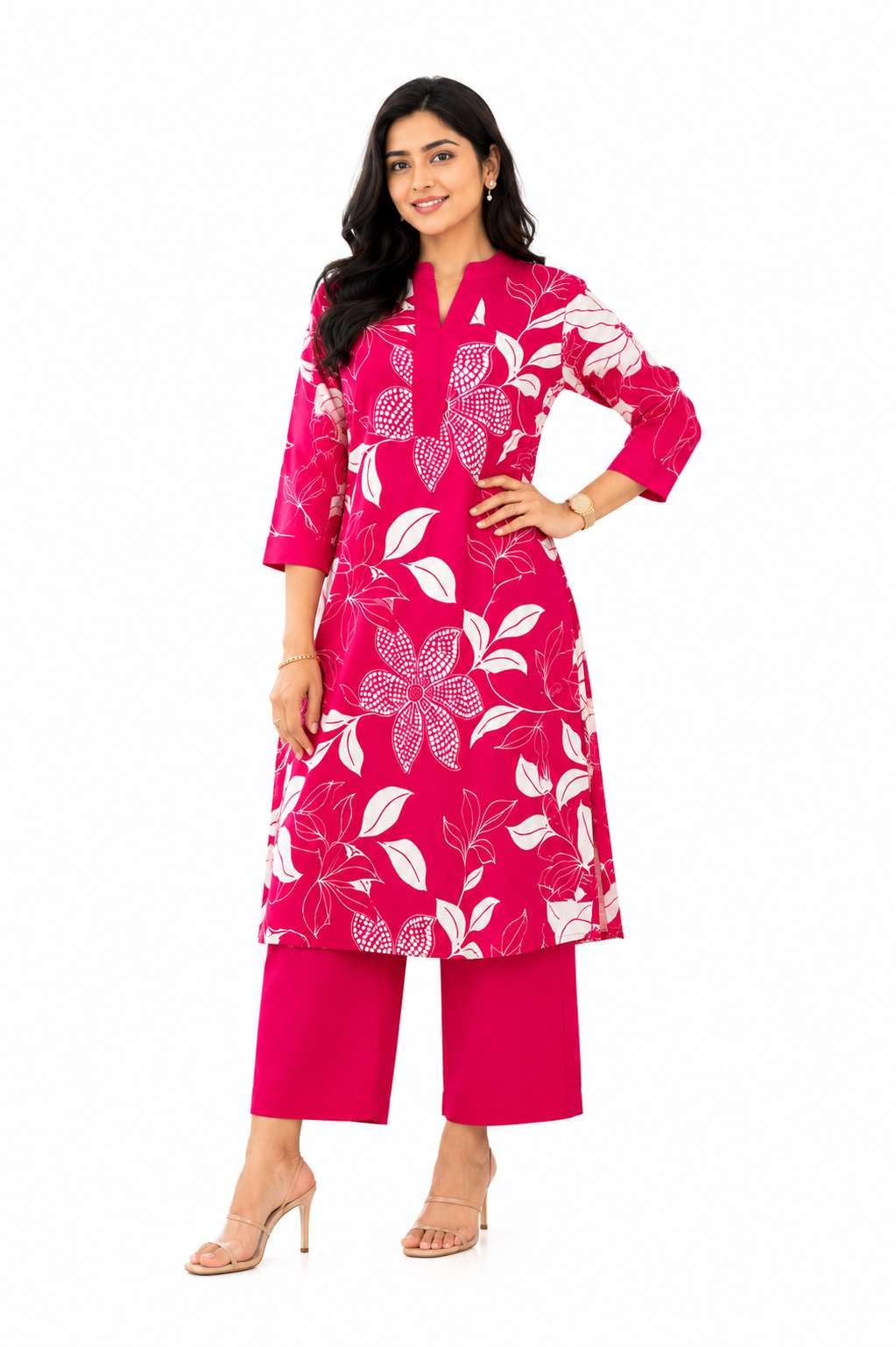 Women's Cotton Floral Printed Straight Kurti With Pant Set