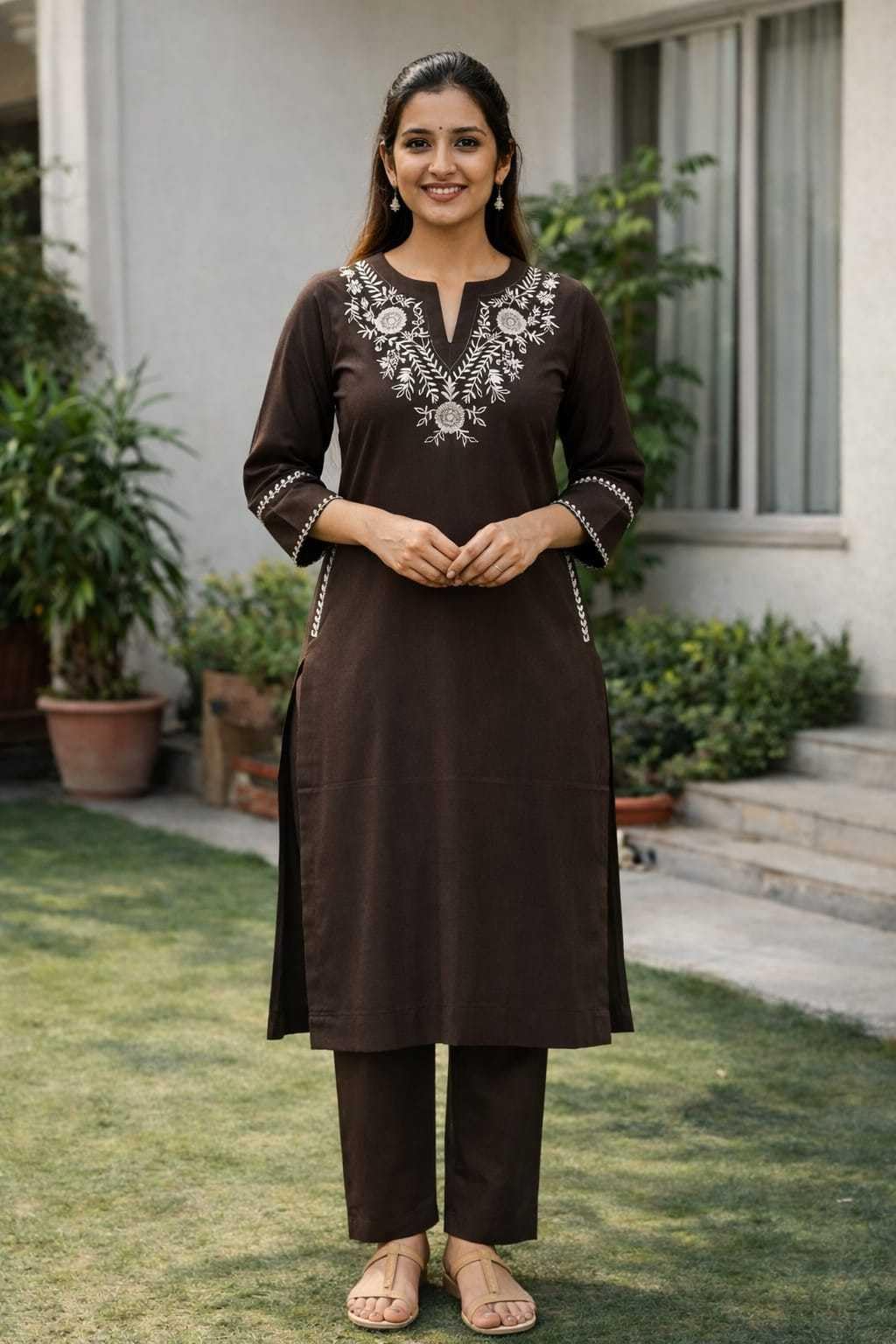 Women's Cotton Embroidered  Straight Kurti With Pant
