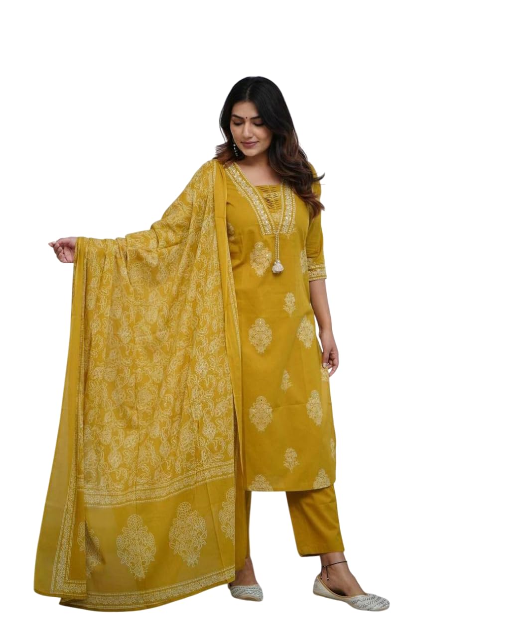 Women's Cotton Printed Straight Kurti with pant and Dupatta Set
