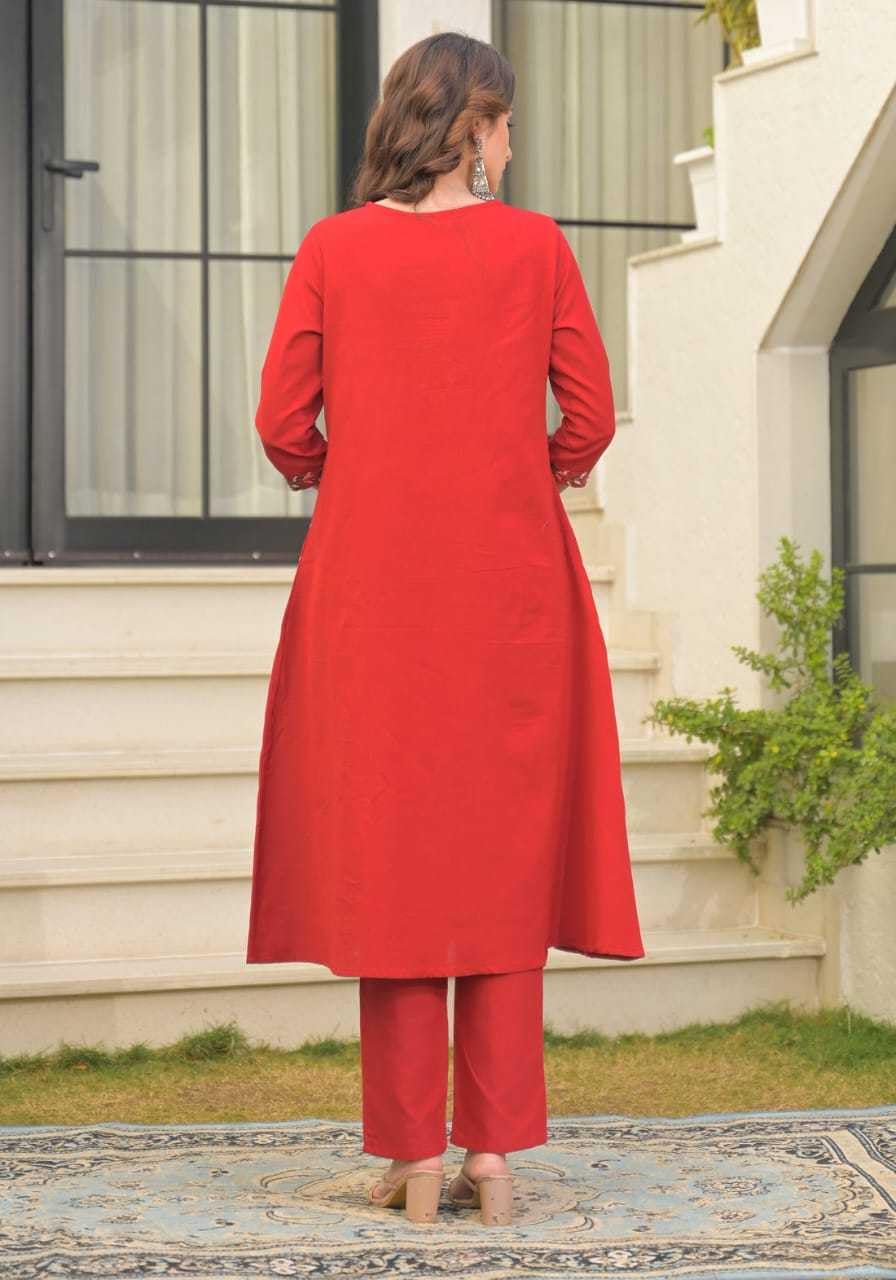 Women's Cotton Floral Embroidered  Straight Kurti With Pant