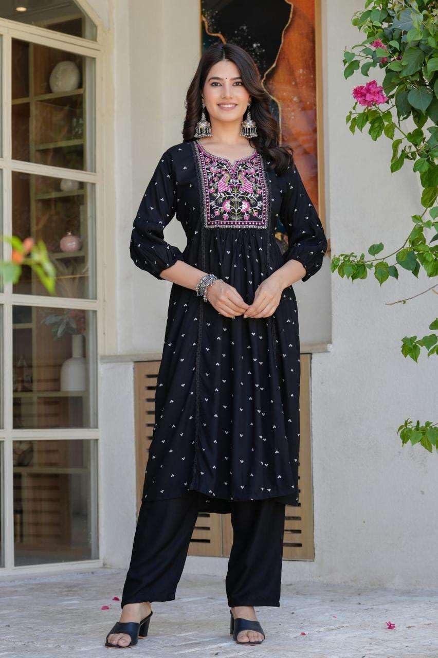 Women's Cotton Embroidered Anarkali Kurti With Pant And Dupatta Set