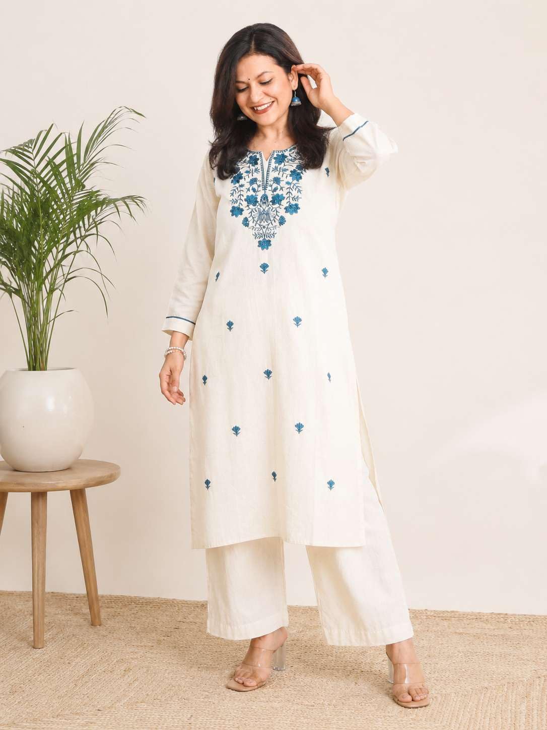 Women's Cotton Floral Embroidered  Straight Kurti With Pant -UG-11