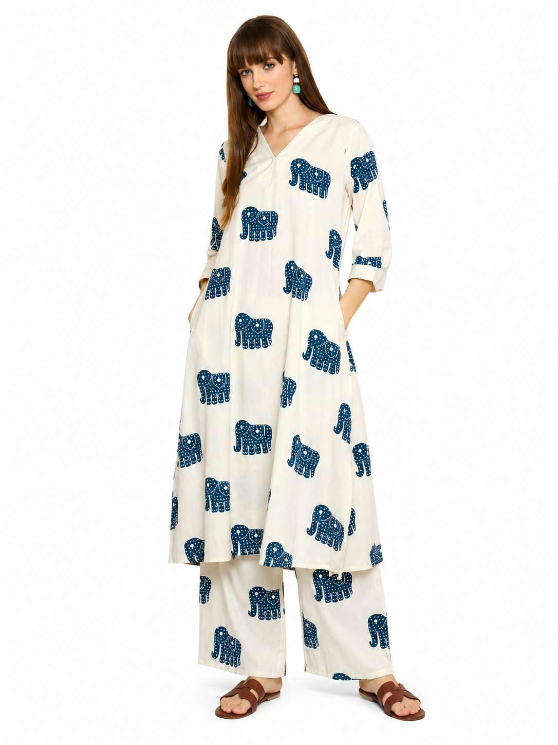Women's Cotton Elephant printed flared kurti with V-neckline and side pockets paired with Matching PalAMzo Pant (Off White)