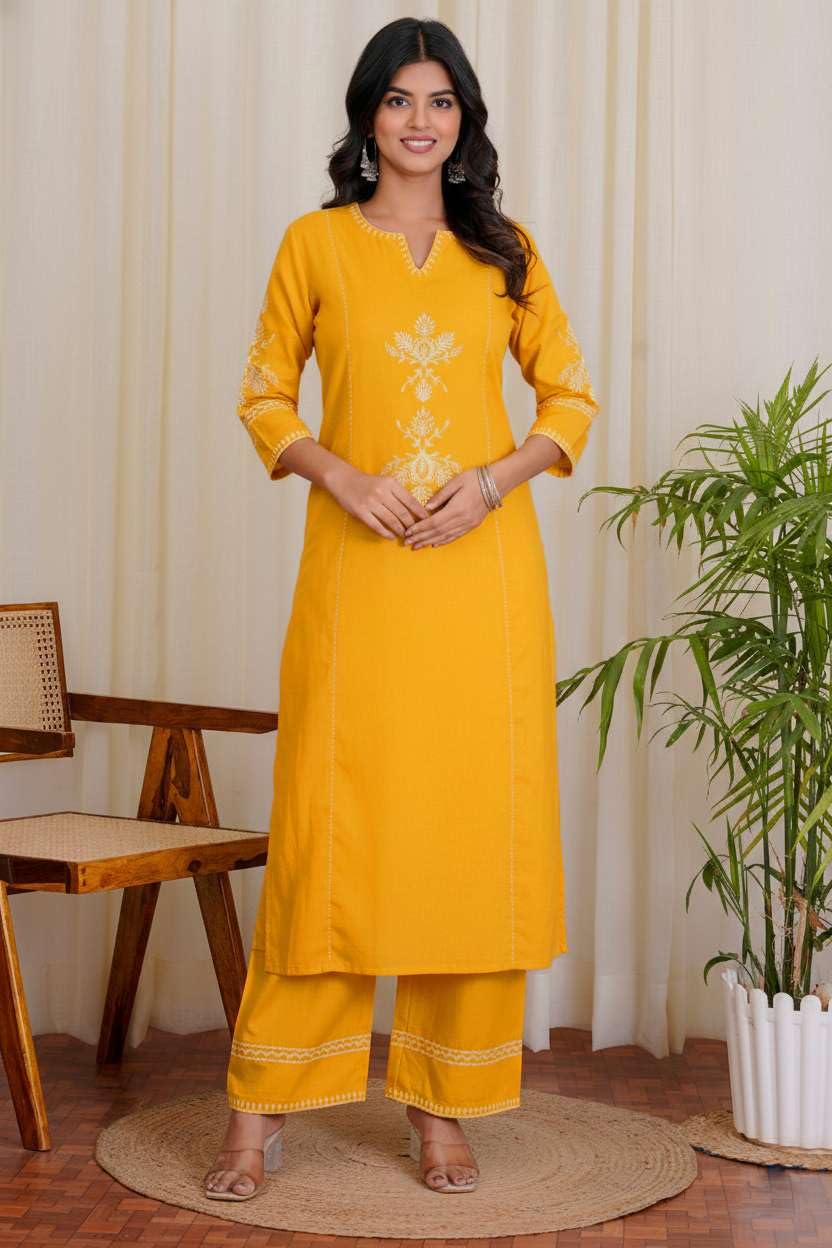Women's Cotton Embroidered Straight kurti With relaxed fit Pant