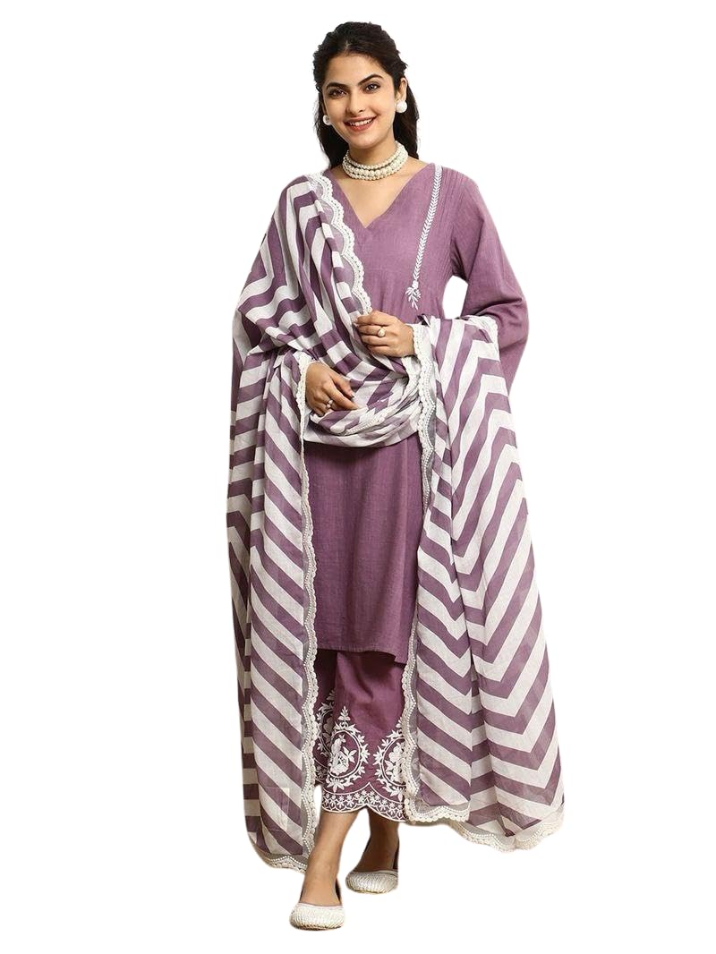 Women's Cotton Embroidered Straight Kurta & Pant With Dupatta Set (Purple)