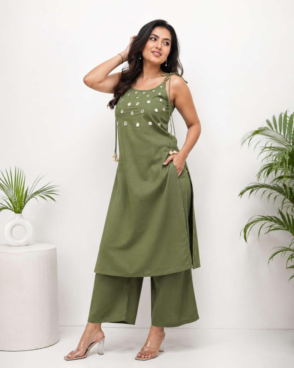 Women's Cotton Embroidery Sleeveless Kurti With Ankle length Pant Set
