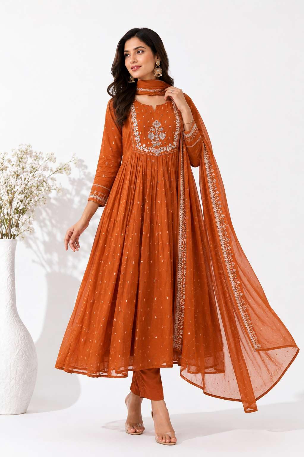 Women's Cotton Embroidery Anarkali Kurti and Pant with Dupatta Set