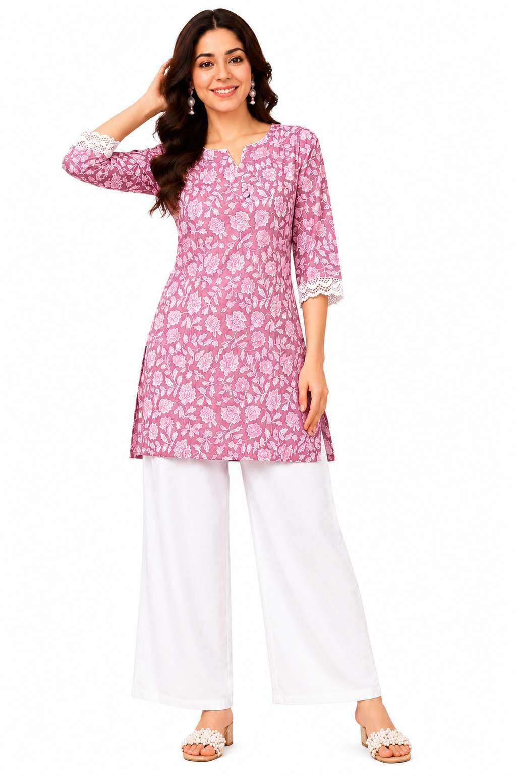 Women's Rayon Floral Printed Straight Short Kurti Set