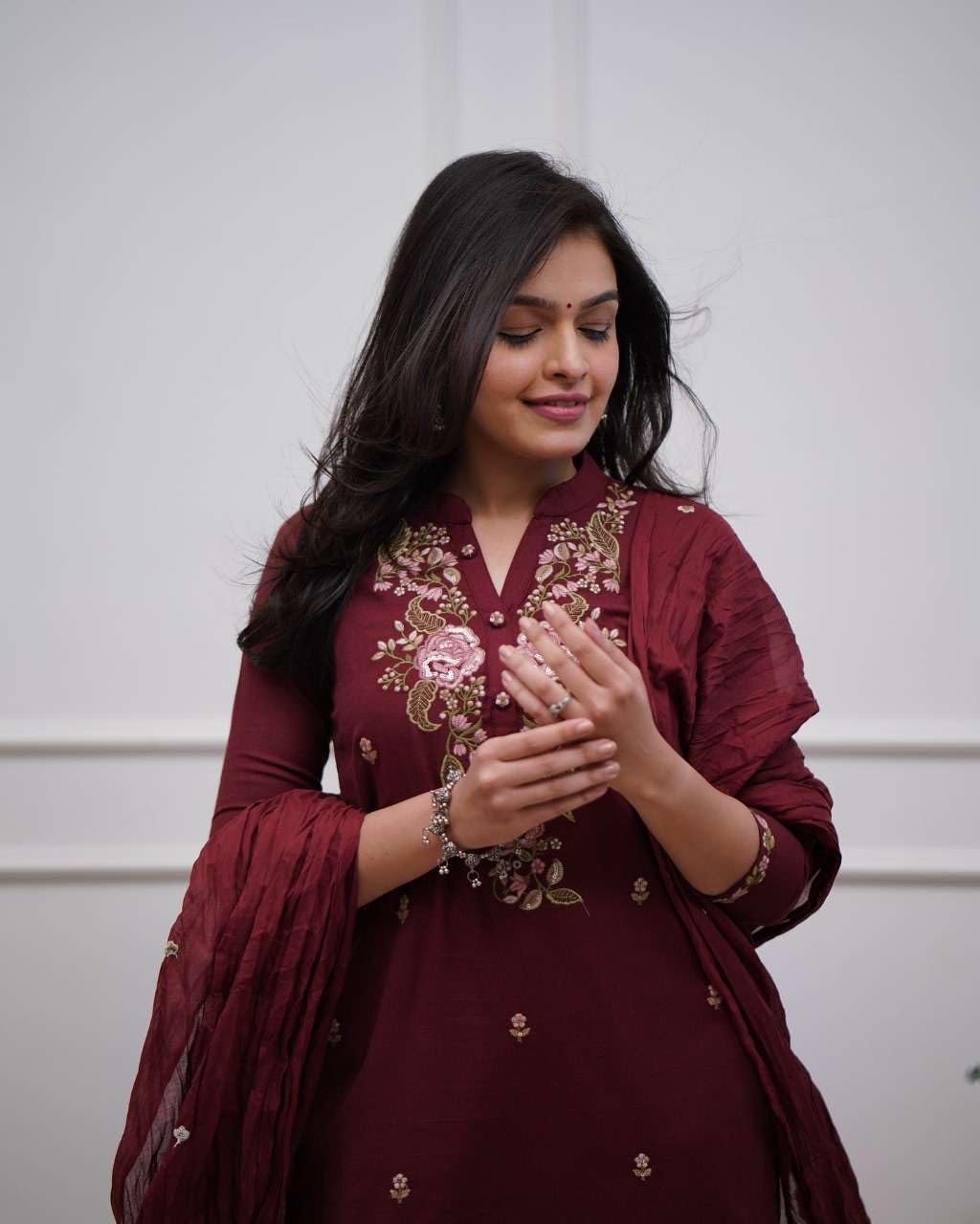 Women's Cotton Embroidery work Straight kurti with Pant & mulmul dupatta set