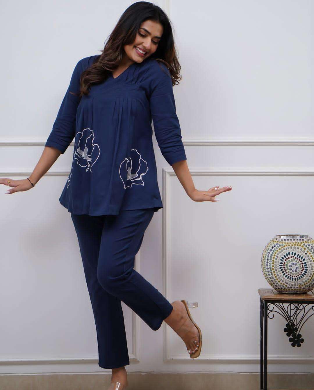 Women's Cotton Embroidered Co-ord Set 2 Piece Top Bottom Set