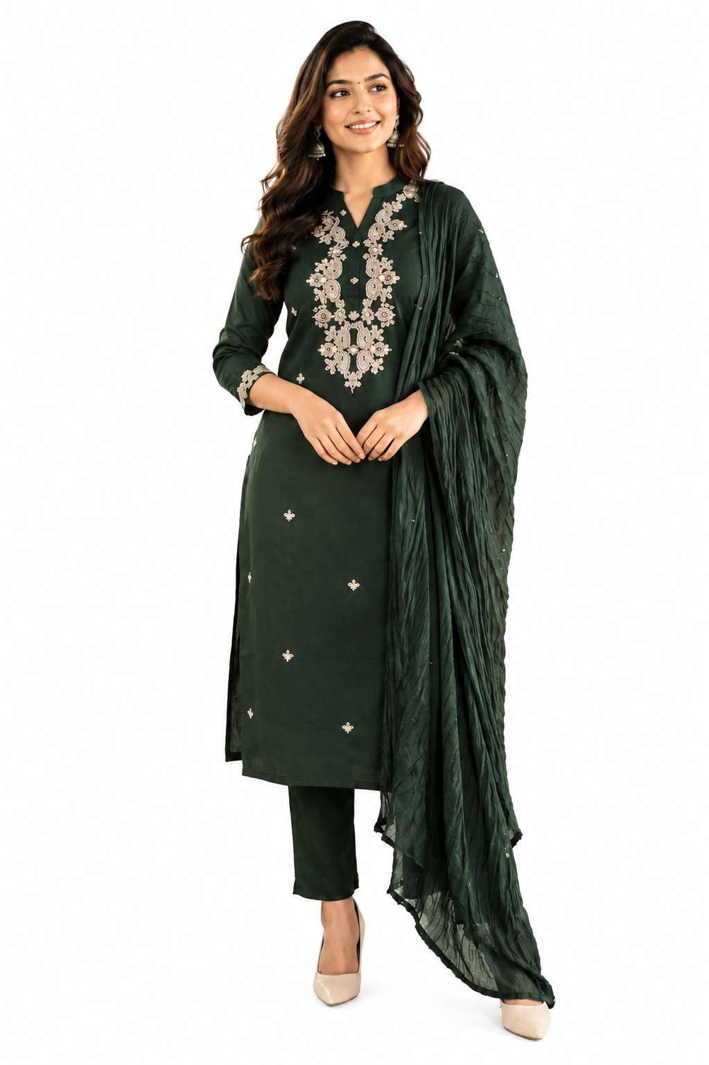 Women's Cotton Embroidery Straight Kurti Pant With Dupatta Set