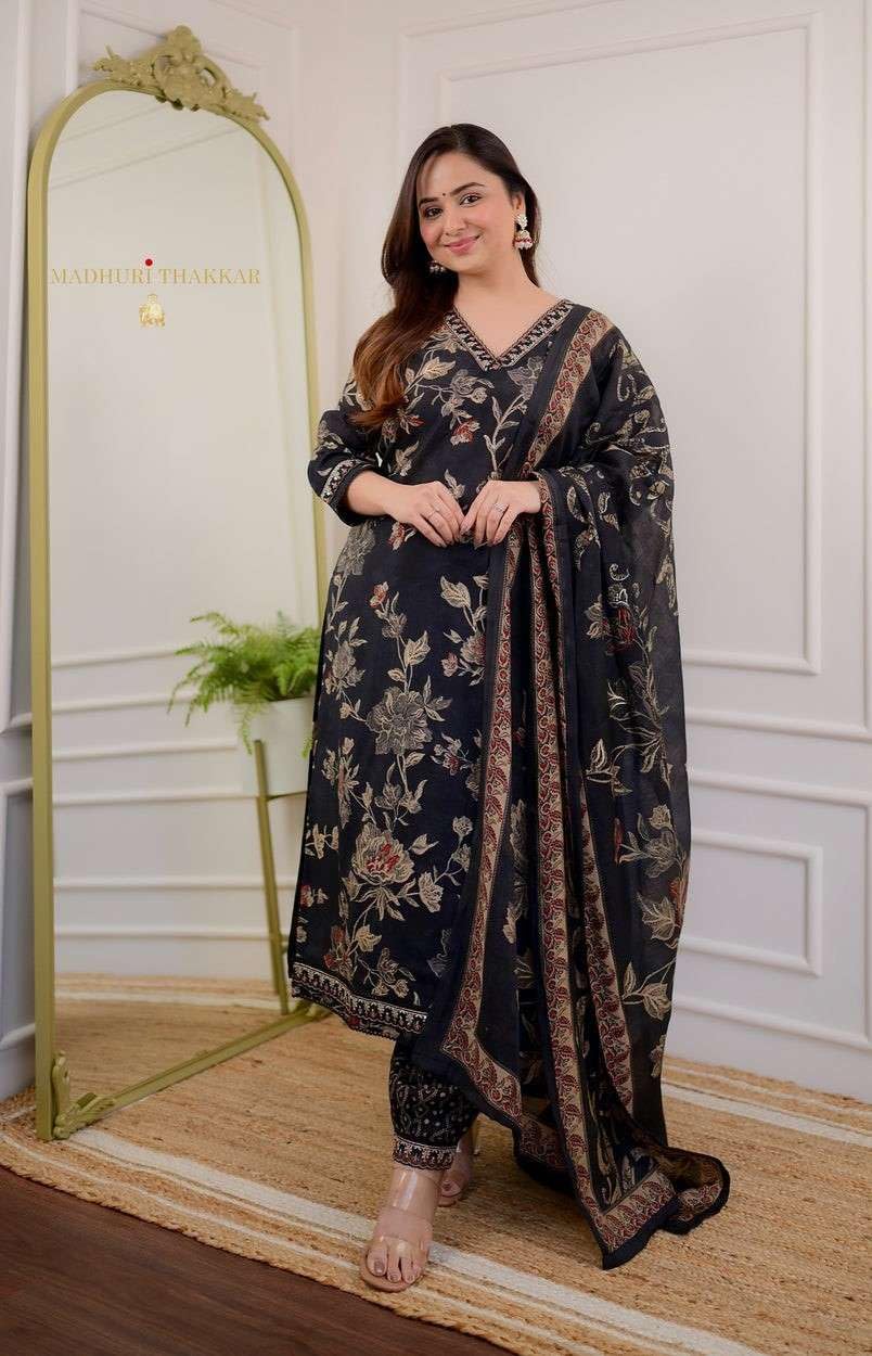 Women's Cotton Floral Printed Straight Kurti With Afghani Style Pant and  Dupatta Set (Black)