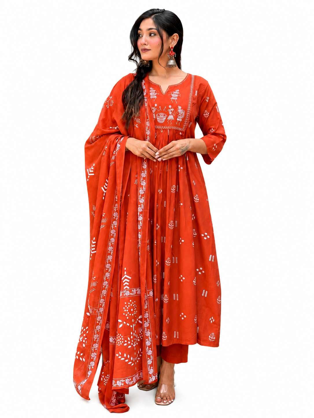 Women's Contton Floral Embroidered Round Neck Regular Kurti Pant Dupatta Set