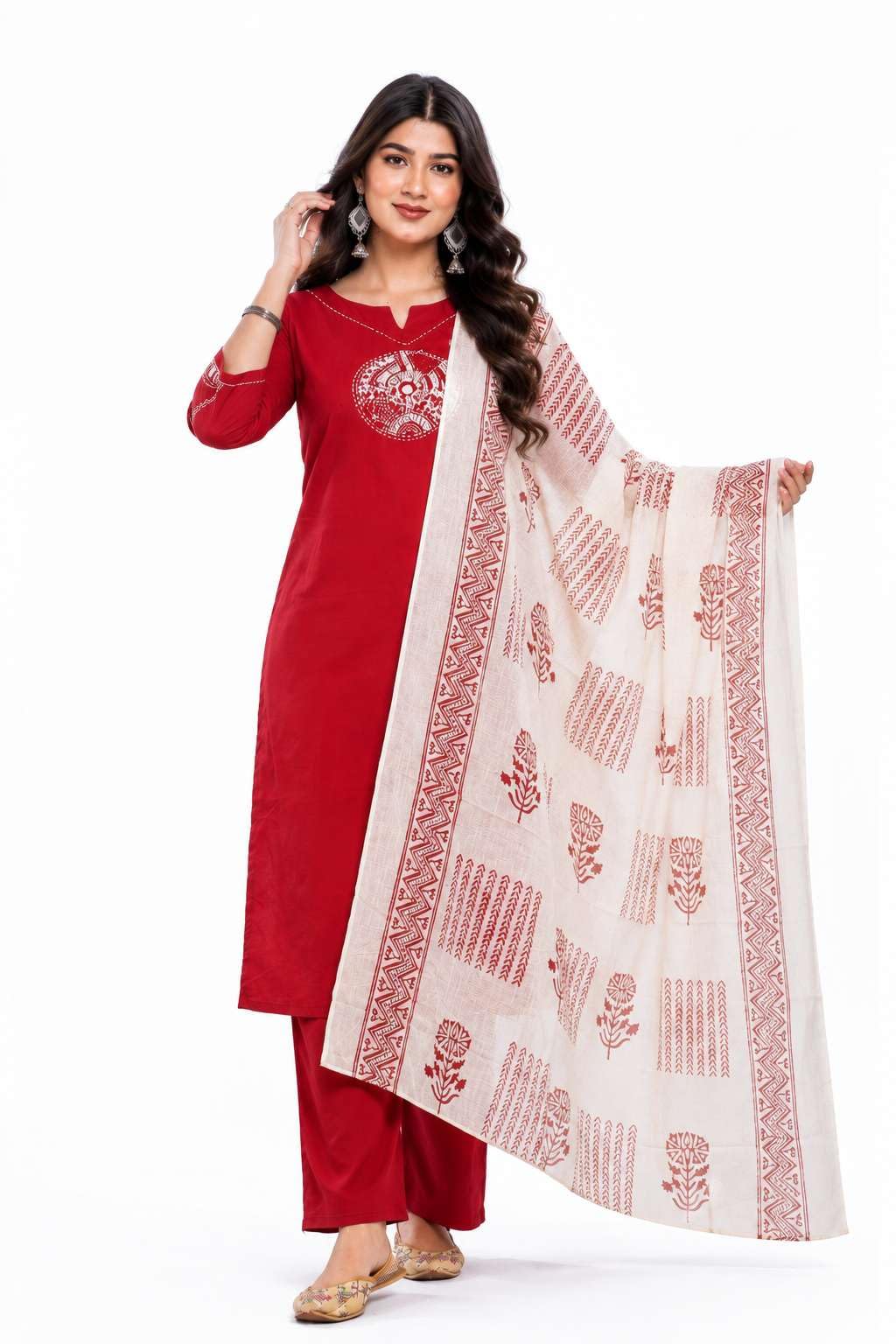 Women's Cotton Embroidery Straight Kurti With Pant Set
