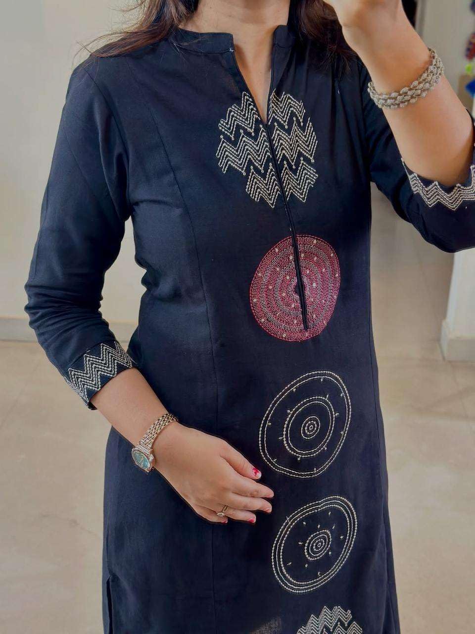 Women's Cotton Embroidered Straight Kurti With Pant And Dupatta Set