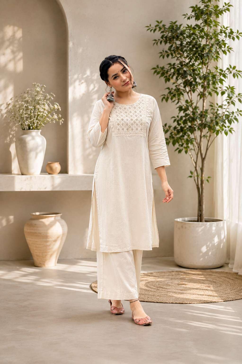 Women's Cotton Chanderi Print Straight Kurti with Pant
