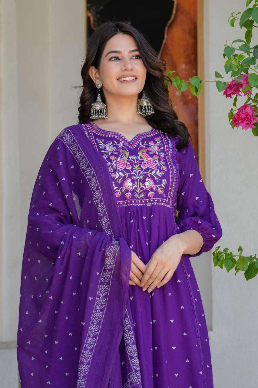 Women's Cotton Embroidered Anarkali Kurti With Pant And Dupatta Set