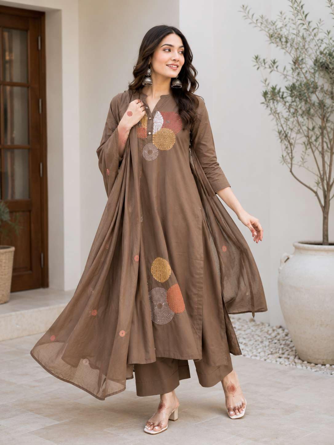 Women's Cotton Embroidery Straight Kurti Pant With Dupatta Set