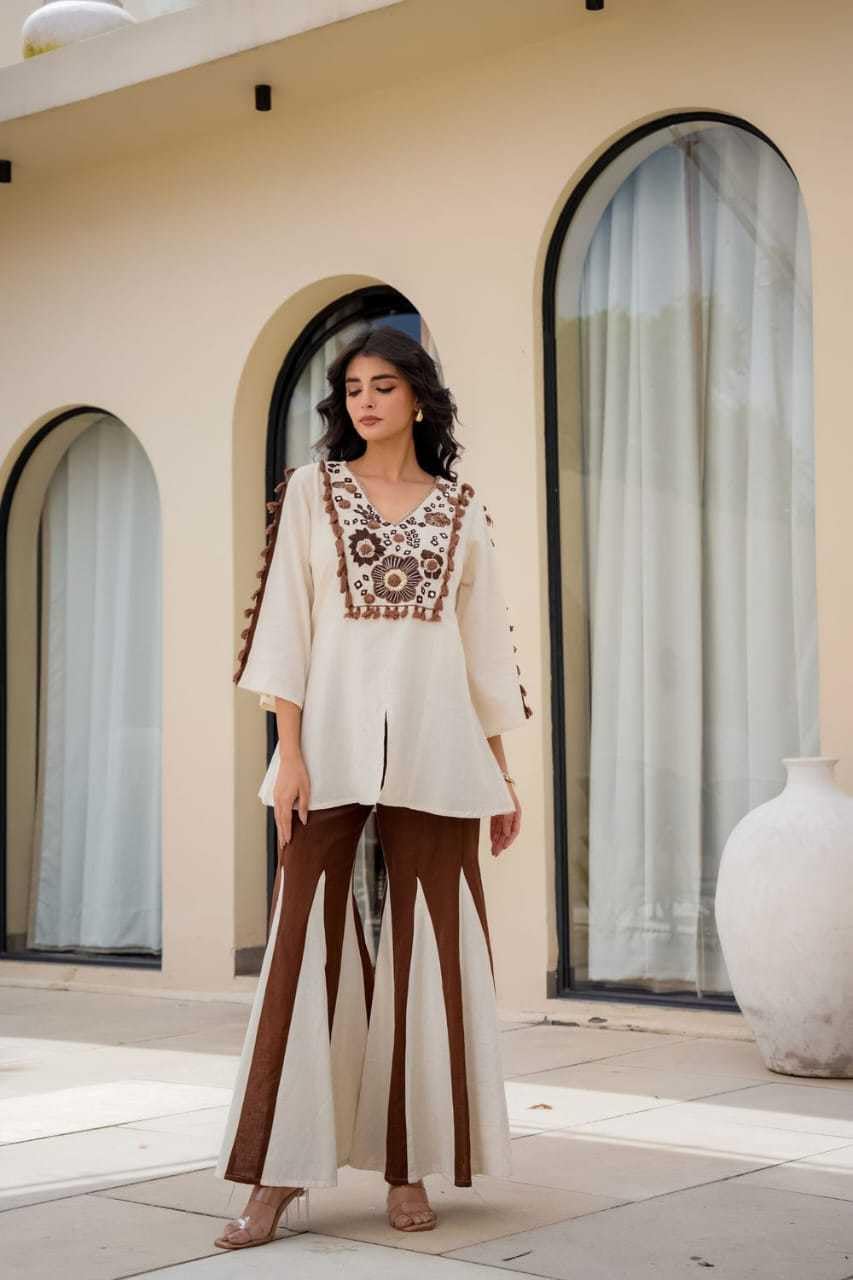 Women's Cotton Floral Embroidery and tassel straight fit kurti with flared PalAMzo Pant (Off White Brown)
