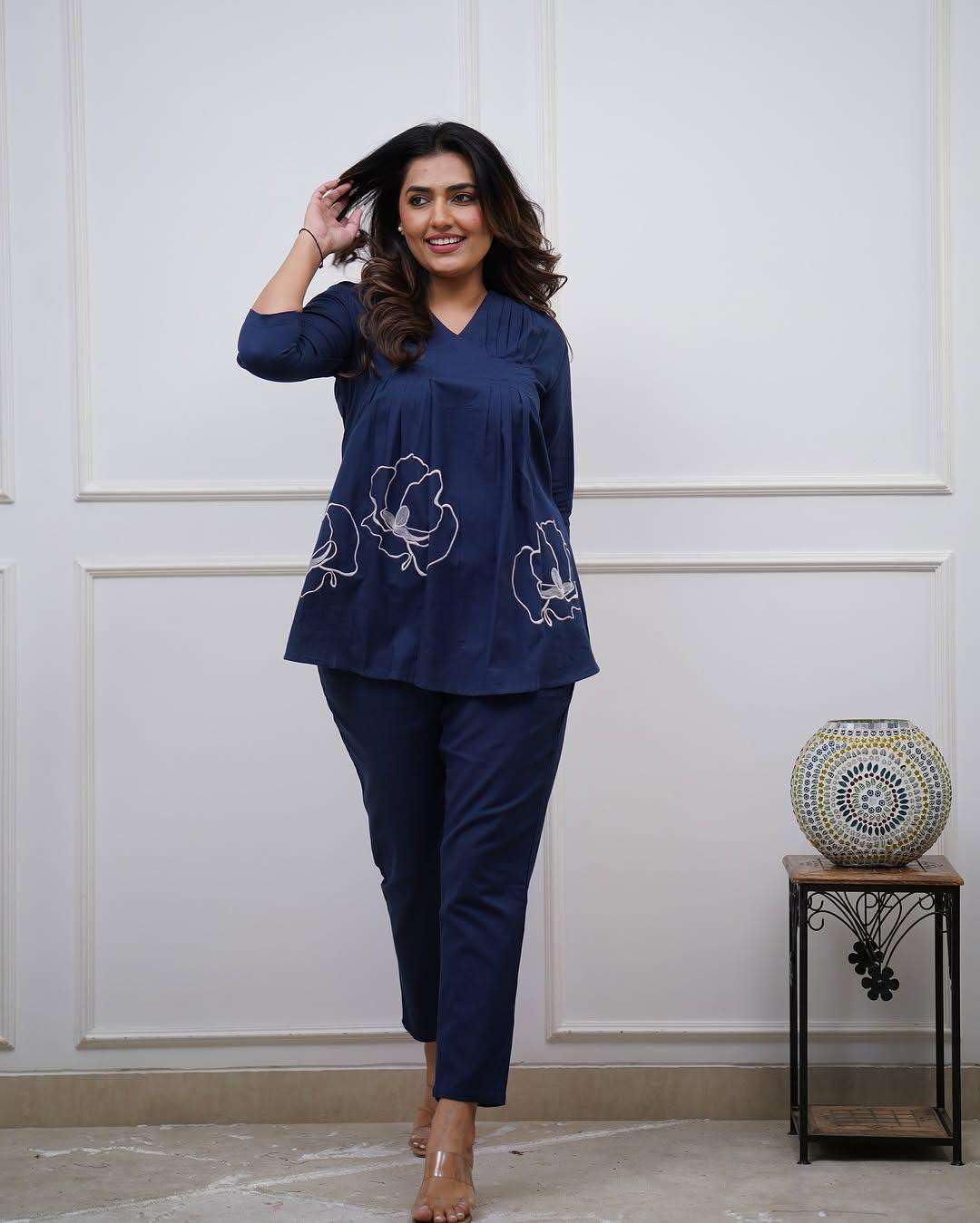 Women's Cotton Embroidered Co-ord Set 2 Piece Top Bottom Set