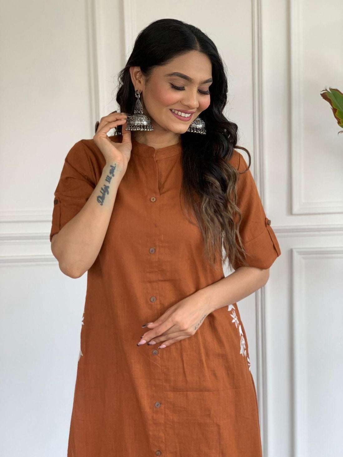 Women's Cotton Embroiderd Long A-Line  Kurti with Palazzo