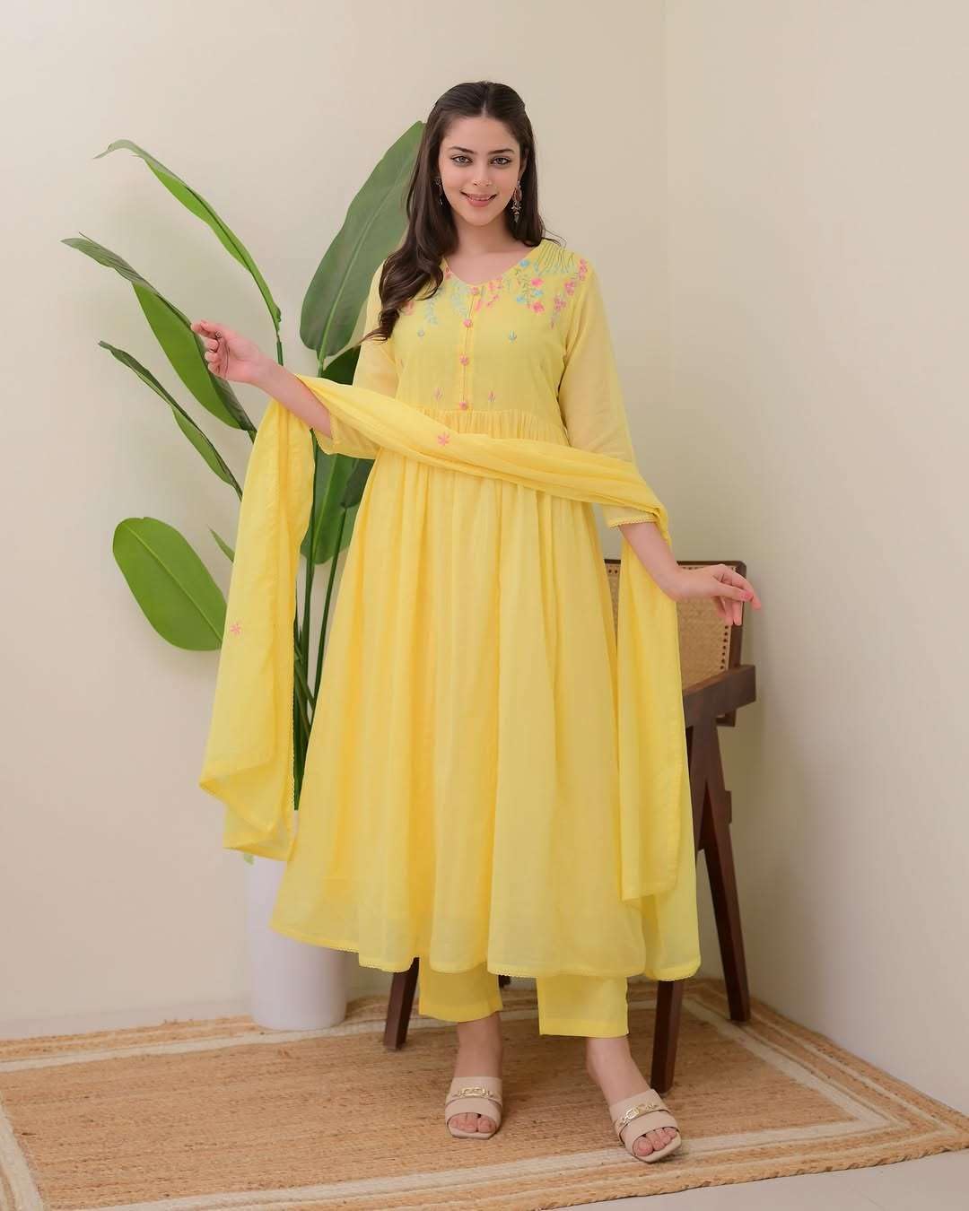 Women's Cotton Embroidered Anarkali Kurti With Pant and Dupatta set
